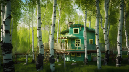 Green house in birch grove in the springtime. 3d renderの素材