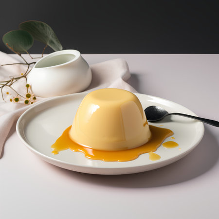 Panna cotta with caramel sauce on a white plate with a spoon and a vase on a gray backgroundの素材
