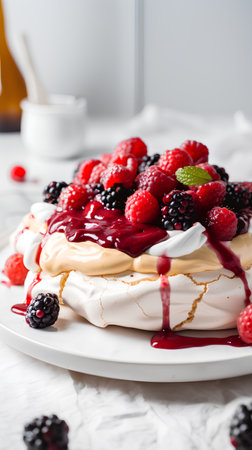 Meringue Pavlova with fresh berries on a white plate.の素材