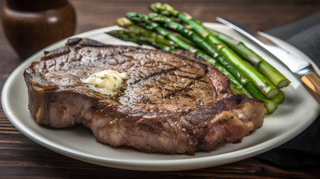 Grilled beef steak with asparagus and butter on wooden tableの素材