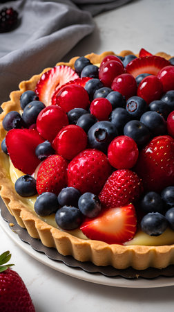 Delicious tart with strawberries, blueberries and raspberries, squareの素材