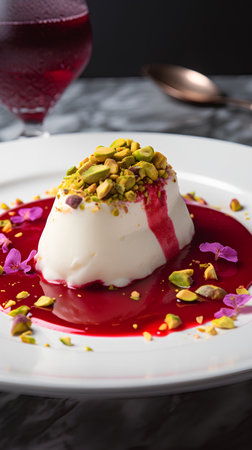 Panna cotta with pistachios and sauce on a white plateの素材