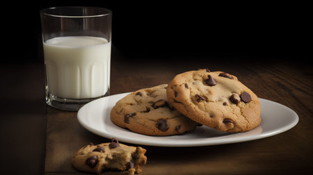 Chocolate chip cookies and a glass of milk on a wooden tableの素材