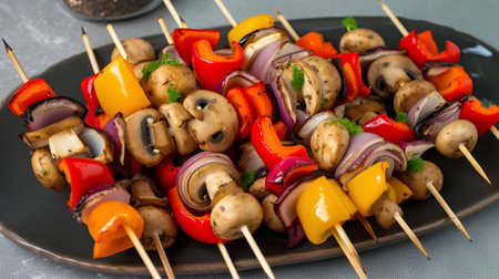 Grilled vegetable skewers with mushrooms, red and yellow bell peppers, onions and mushroomsの素材