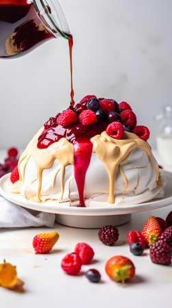 Homemade Meringue Pavlova with Berries and Sauce, squareの素材