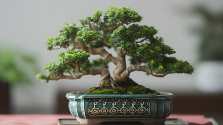 Bonsai tree in a pot on a table in a roomの素材