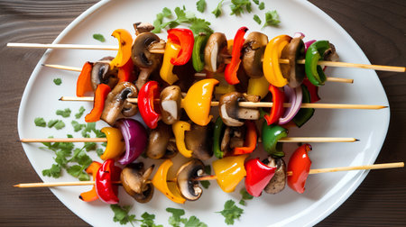 Grilled vegetables on skewers on a white plate, top viewの素材