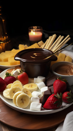Chocolate fondue with strawberries and bananas on a wooden table.の素材