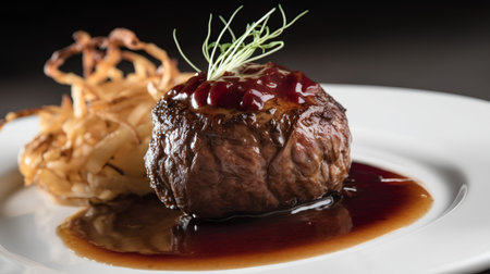 beef steak with caramelized onion and sauce on a white plateの素材