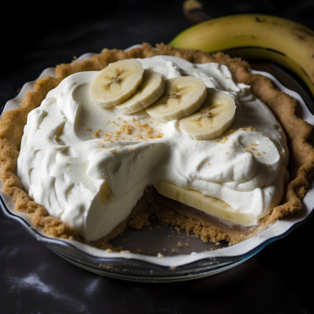 Banana cake with whipped cream and fresh bananas on a dark backgroundの素材