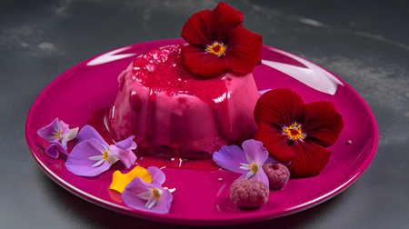 panna cotta with raspberries and wild pansy flowersの素材