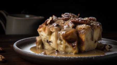 Baked apple with caramel sauce and pecan nuts on wooden backgroundの素材
