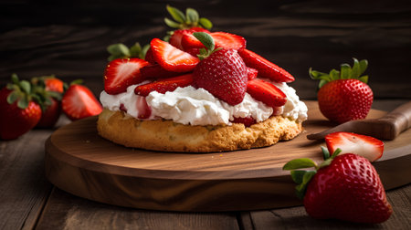 Strawberry tart with whipped cream and strawberries on a wooden backgroundの素材