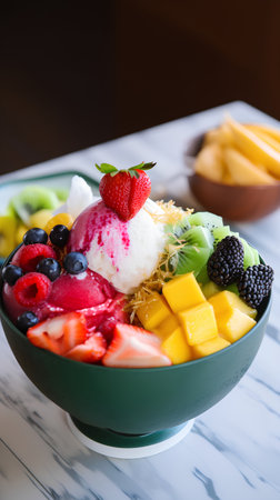 Mixed fruit salad with ice cream in a bowl, selective focusの素材