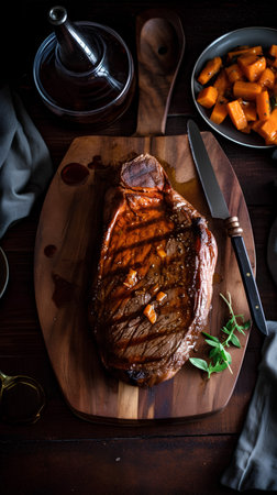 Grilled beef steak with vegetables on wooden board. Top view.の素材