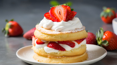 Strawberry pancakes with whipped cream and fresh strawberries on a plateの素材
