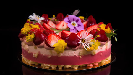 Strawberry cake with flowers on a black background. Selective focus.の素材