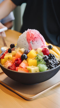 Fruit salad with ice cream in black bowl on wooden table.の素材