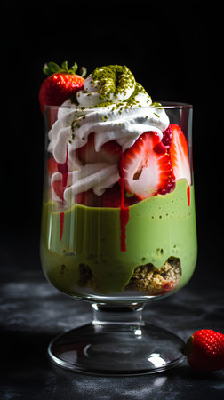 Green tea mousse with strawberries and whipped cream in glass on black backgroundの素材