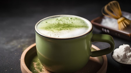 Green tea latte with milk and matcha powder on dark backgroundの素材