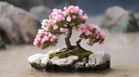 Bonsai tree in a pot with pink flowers on a rockの素材