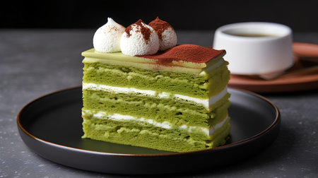 Green tea cake with whipped cream and coffee on dark background, selective focusの素材