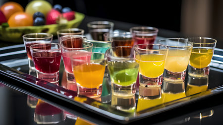 Alcoholic cocktails in shot glasses on a black background. Selective focus.の素材