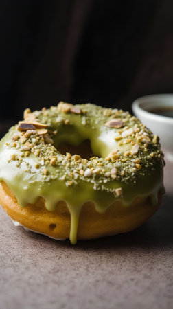 Green glazed donut with almonds and cup of coffee, selective focusの素材