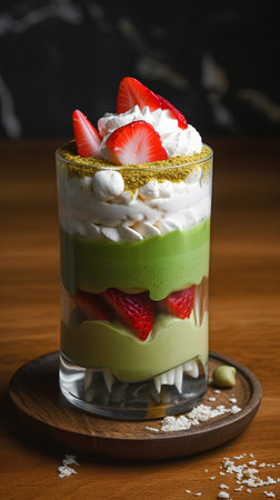 Matcha green tea mousse with whipped cream and strawberries in a glassの素材