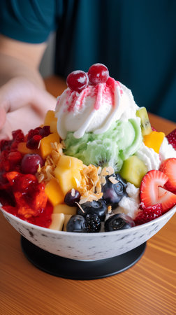 Fruit salad with ice cream in a bowl on a wooden tableの素材