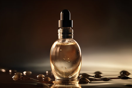 perfume bottle with droplets of water on a brown backgroundの素材