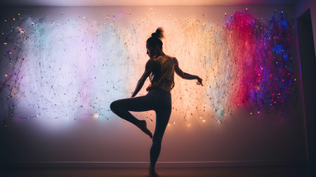 Beautiful young woman dancing in the studio with colorful garland lightsの素材