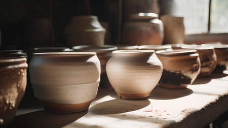 Pottery in a pottery workshop. Pottery production process.の素材