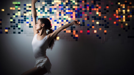Beautiful young woman dancing in the studio with colorful mosaic background.の素材