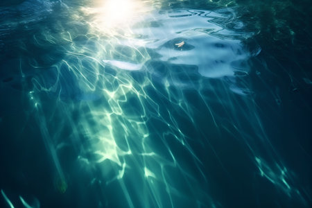 Underwater view of a swimming pool with sun shining through the waterの素材