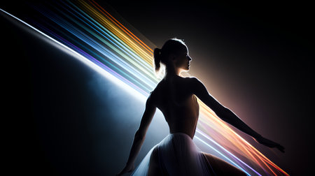 Beautiful female ballet dancer in white tutu on dark background with light raysの素材