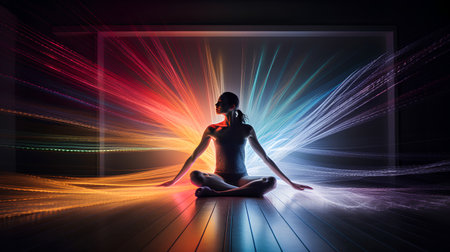 Woman practicing yoga in a room with glowing lines and dark background.の素材