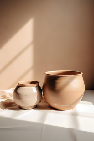Two clay pots on a white tablecloth with sunlight in the backgroundの素材