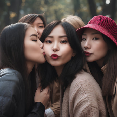 three beautiful young asian women gossiping together in the park.の素材