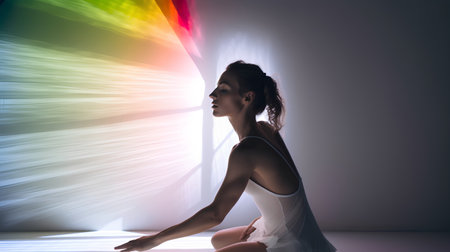 Young beautiful ballerina sitting on the floor in a light roomの素材