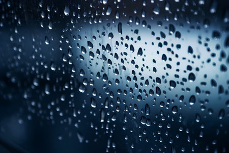 Drops of rain on the window. Abstract background. Blue tone.の素材