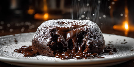 Chocolate bundt cake with icing sugar on a dark background.の素材