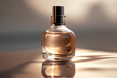 Perfume bottle on a light background with reflection, close upの素材