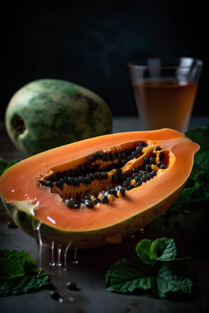 Papaya fruit with mint and glass of juice on dark backgroundの素材
