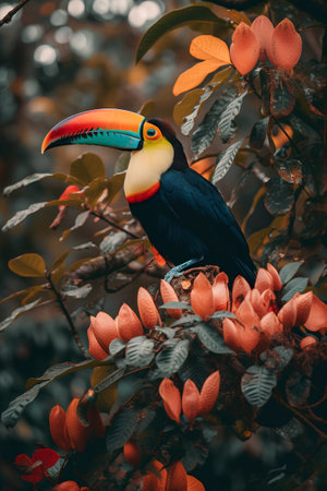 Toucan sitting on a branch of a tree in the forestの素材