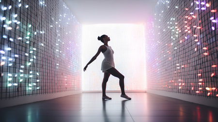African american woman dancing against digitally generated room with glowing light designの素材