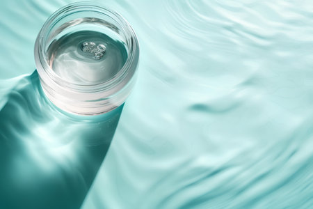 glass of water on aquamarine background with some smooth lines in itの素材