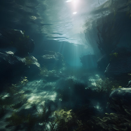 Underwater view of the seabed with sunbeams.の素材