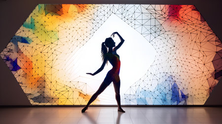Beautiful girl dancing in the studio with a holographic background.の素材
