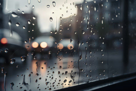 rain drops on the glass with blurred background of cars in the cityの素材